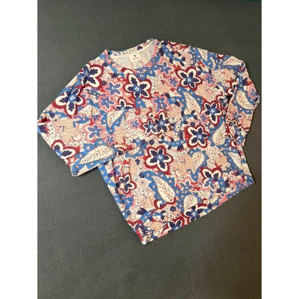 Sundry Floral Print Cropped Sweatshirt Top Size 2 Blue Pink Paisley Made USA